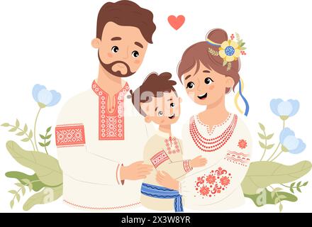 Glückliche ukrainische Familie. Netter bärtiger Mann, Vater umarmt seine Frau und seinen Sohn zärtlich in traditioneller Kleidung besticktes Hemd Vyshyvanka. Vektorabbildung. Stock Vektor