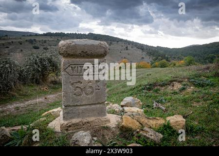 antiguo mojon kilometrico, Villamardones, Parque Natural de Valderejo, Municipio de Valdegovía, Alava, País Vasco, Spanien Stockfoto