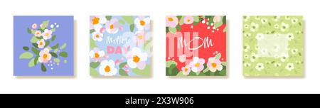 Trendige quadratische Muttertagskarte Banner Poster Flyer Sakura Apfelbaumzweig Blumenmuster Label Cover Blumen Rahmen Retro Art Stil Frühling Sommer helle florale Vorlage Anzeigen Promo.. Stock Vektor