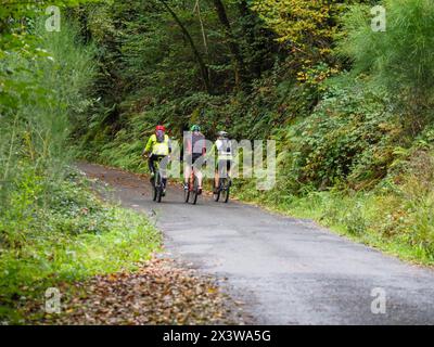 Ciclistas, parque Natural Fragas del Eume,​ provincia de La Coruña, Galicien, Spanien Stockfoto