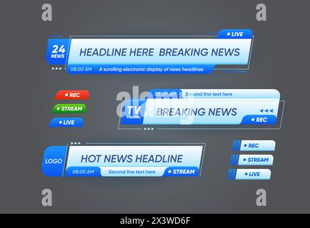 Untere Banner in der dritten Kopfzeile für Nachrichten und Live-TV-Übertragungen, Vektorvorlagen. Banner in der unteren dritten Kopfzeile mit Bildschirmüberschrift, Kanal fr Stock Vektor