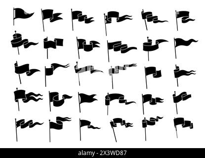 Schwarze Fahnen im Retro-Stil. Isolierter Vektorsatz dreieckiger Banner, winkende Wimpel auf Fahnenmaststäbchen. Einfarbige Silhouetten mittelalterlicher, antiker Art Stock Vektor