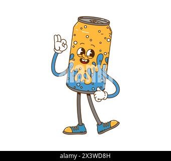 Cartoon-Retro-groovige Getränkedose-Figur. Hippie fröhliche Limonade kann Personage Aufkleber, Retro erfrischendes Getränk groovige isolierte Vektor lustige Charakter. C Stock Vektor