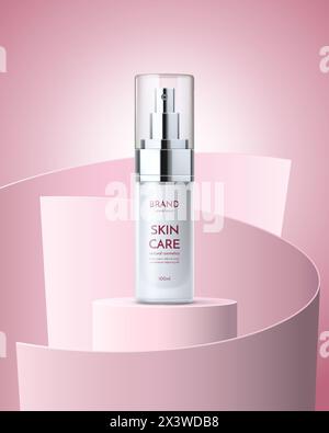 Hautpflegeprodukt rosa Podium Bühne. Vektorschönheit und Make-up Produktion realistische Flasche Modell auf Sockel mit modernem Kurvendekor. Markenwerbung Stock Vektor