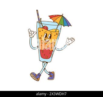 Cartoon-Retro-groovige Cocktail-Drink-Charakter. Vintage fröhliche Sommer erfrischende Drink Aufkleber, Retro süße Getränke Persönlichkeit oder isolierte Vektor 60s Stock Vektor