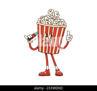Cartoon-Retro-Popcorn-Eimer-Charakter. Hippie Happy Fast-Food-Persönlichkeit, lustiger Retro-Charakter oder grooviger niedlicher Vektor-Aufkleber. Kino Popcorn Eimer fröhliches Maskottchen mit Limonade Flasche Stock Vektor