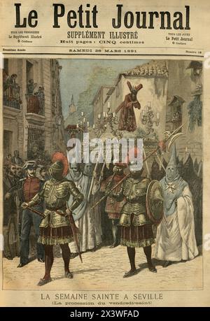 Vintage-Illustration der Prozession des Heiligen, Semana Santa de Sevilla, Karwoche in Sevilla, Spanien, 1890er Jahre Stockfoto