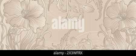 Elegante, prestigeträchtige Art déco-Hintergrundschablone mit Blumen. Das luxuriöse Design ist ein Art déco-Motiv in Beige- und Goldtönen. Stock Vektor