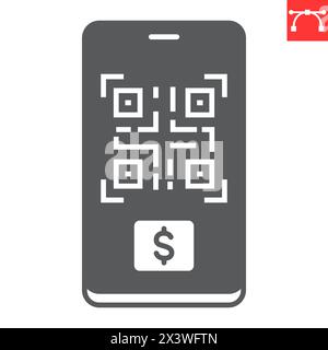 QR-Code-Symbol für Zahlungsglyphe, mobiles Bezahlen und Finanzen, qr-Code auf dem Smartphone-Vektorsymbol, Vektorgrafiken, bearbeitbarer Strich, durchgehendes Zeichen, eps 10. Stock Vektor