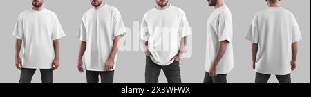 Übergroßes weißes T-Shirt-Modell auf einem bärtigen Mann in Jeans, Sommerkleidung zum Design, Branding, Front-, Seiten- und Rückansicht. Lässige Männerbekleidung, IS Stockfoto