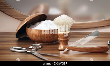 Retro-Rasierwerkzeuge stehen auf der Friseurtheke. 3D Abbildung. Stockfoto