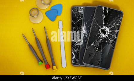 Reparatur-Tools und Smartphones mit defekten Bildschirmen isoliert auf gelbem Hintergrund. 3D Abbildung. Stockfoto