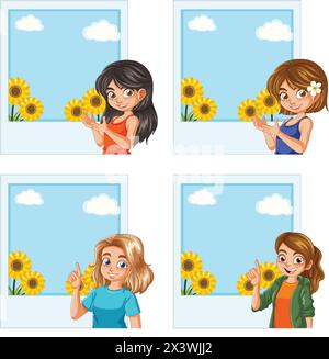 Vier Mädchen, die Sonnenblumen an einem blauen Himmel halten Stock Vektor