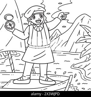 Kolumbus Day Explorer mit Kompass Farbseite Stock Vektor