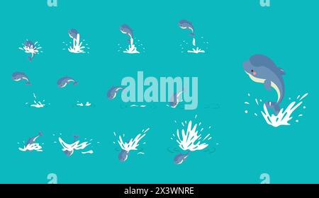 Delfin springt aus dem Wasser. Delfine springen Schritt für Schritt, Zeichentrickfilm Unterwassertier. Aquarium Delfinarium Unterhaltung, heute Vektorszene Stock Vektor