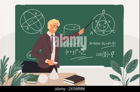 Geometrielehrer hält Vortrag. Schulbildung. Mathematik lernen. Mathematische Formeln und Berechnungen in weißer Kreide auf der Tafel. Professor an Stock Vektor