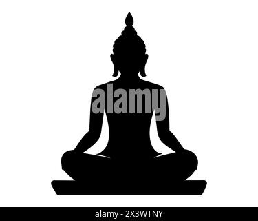 Schwarze Silhouette des Buddha in Lotusposition isoliert auf weißer Oberfläche. Grafische Abbildung. Symbol der buddhistischen Meditation. Das Konzept der Zen-Praxis, Religion, Meditation, Buddhismus Stock Vektor