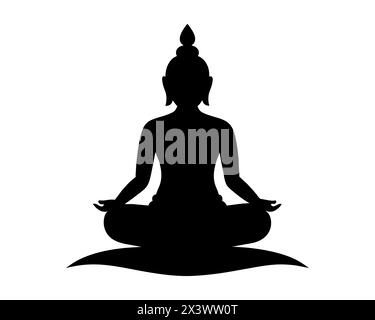 Schwarze Silhouette von Buddha in Lotusposition isoliert auf weißem Hintergrund. Grafische Abbildung. Symbol der buddhistischen Meditation. Das Konzept der Zen-Praxis, Religion, Meditation, Buddhismus Stock Vektor