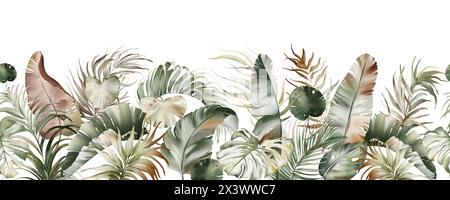 Blumenrand mit tropischen Blumen und Blättern in Aquarellfarben. Stockfoto