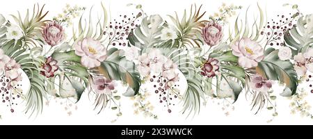 Blumenrand mit tropischen Blumen und Blättern in Aquarellfarben. Stockfoto