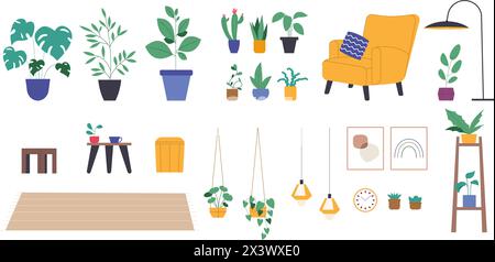 Innenelemente. Gemütlicher Sessel, Pflanzen in Töpfen, Teppich und Lampen. Möbel und Accessoires für Zuhause oder Büro, Vector Flat Collection Stock Vektor