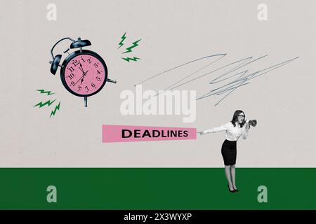 Trendgrafik Skizzenbild 3D-Fotocollage von jungen Boss Dame Geschäftsfrau Talk Lautsprecher Deadline Uhr Wecker Alarmglocke Stockfoto