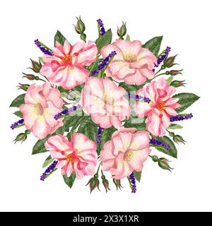 Hagebutte in Aquarellfarben. Ein Aquarellzweig aus Blättern, Blumen, eine handgezeichnete Blumenillustration auf weißem Hintergrund. Stockfoto