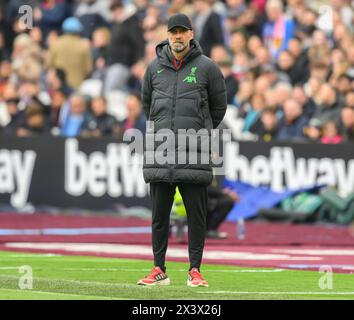 London, Großbritannien. April 2024 - West Ham United gegen Liverpool - Premier League - London Stadium. Liverpool Manager Jurgen Klopp. Bildnachweis: Mark Pain / Alamy Live News Stockfoto