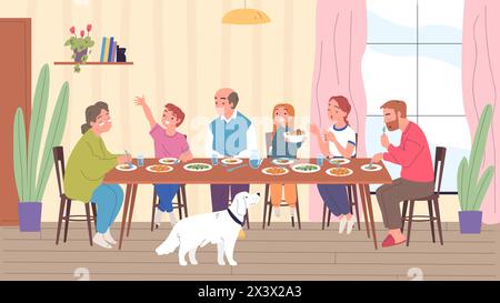 Gemeinsames Familienessen. Cartoon Kind Eltern Großeltern essen Urlaub Mahlzeit in Essküche Haus Zimmer, Leute sitzen am Tisch essen Essen Haus Mittagessen, klassische Vektor Illustration des Familie Lunch Stock Vektor