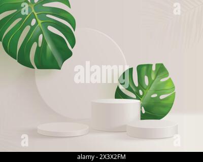 Tropenblätter Podium. Realistischer Ausstellungsstand mit grünem Monstera Blatt, Sommer- oder Frühjahrsverkauf Produktpräsentation 3D exotische Laubplattform Vektor Illustration von Sockel Plattform und Bühne Stock Vektor