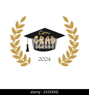 Gratulation zum Abschluss, Graduiertenmütze mit Congradulation-Schriftzug im Lorbeerkranzrahmen. Design-Element für Grußkarten für Abschlussfeiern Stock Vektor