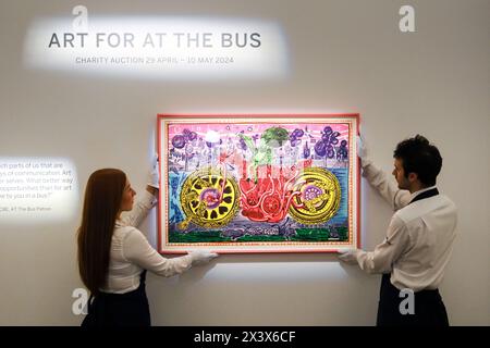 Sotheby's, London, Großbritannien. April 2024. Art for the Bus, Sotheby's Auktionsvorschau, eine Ausstellung zur Unterstützung der Wohltätigkeitsorganisation IM Bus, die Werke, die über eine Online-Auktion verkauft werden sollen. Im Bild: Grayson Perry, Selfie mit politischen Gründen, 2018. Quelle: Matthew Chattle/Alamy Live News Stockfoto