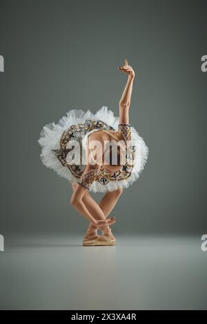 Eine junge, schöne Ballerina in einem Tutu posiert anmutig während sie en pointe tanzt. Stockfoto