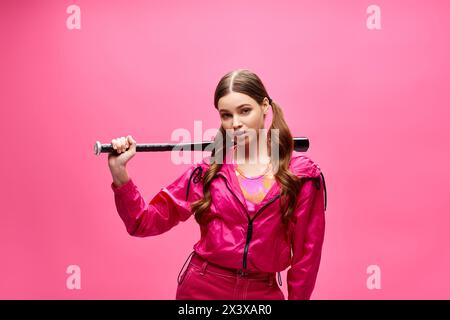 Eine junge, stilvolle Frau in ihren 20ern in einem pinkfarbenen Outfit hält selbstbewusst einen Baseballschläger vor einem leuchtend rosa Hintergrund. Stockfoto