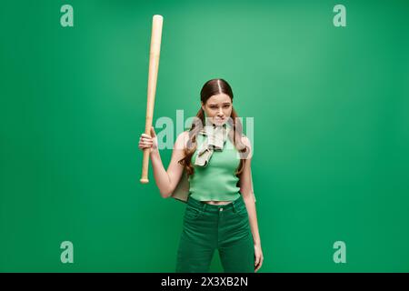 Eine junge Frau in ihren 20ern hält selbstbewusst einen Baseballschläger vor einem leuchtend grünen Hintergrund. Stockfoto