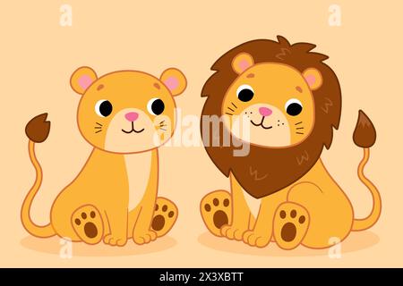 Niedlicher Cartoon-Löwe und Löwin. Illustration für Kinder. Vektorabbildung. Stock Vektor
