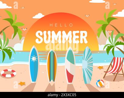 Hallo Sommer Vibe Vektor Illustration. Sonnenuntergang am Strand mit Surfbrettern tropisches Poster farbenfroher Hintergrund Stock Vektor