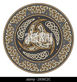 Raven handgezeichnet im keltischen Stil, auf dem Hintergrund des keltischen Mondornaments Stock Vektor