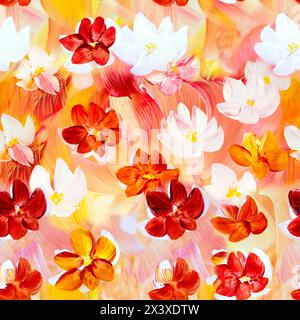 Nahtloses Muster abstrakter roter und weißer Blüten. Original handgezeichnet, Impressionismus Stil, Kunstmalerei, kreativer handgemalter Hintergrund, Pinsel te Stockfoto
