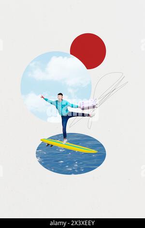 Vertikale Bildcollage junger Mann Surfen Hobby professionelle Aktivität Surfbrett Urlaub Reisebüro Buchung Zeichnung Hintergrund Stockfoto