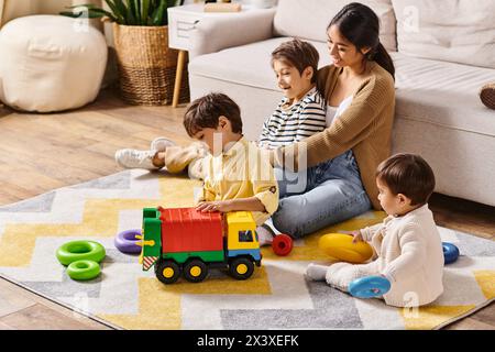 Eine junge asiatische Mutter sitzt auf dem Boden und spielt fröhlich mit ihren kleinen Söhnen im gemütlichen Wohnzimmer ihres Hauses. Stockfoto