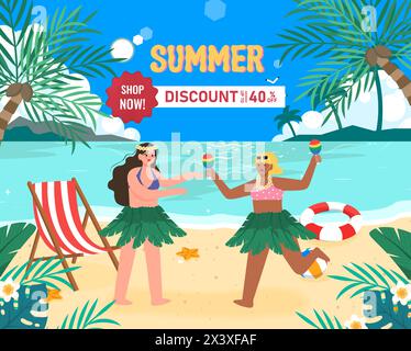 Sommerstrand, blaues Meereswasser. Sonnige Palmen und Urlaubseinkäufe, Kokospalmen, Seereisen, Frau am Meer, tropisches Inselresort. Vektor Stock Vektor