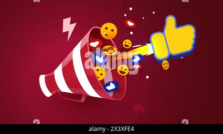 Megaphon mit fliegenden Social-Media-Symbolen. Konzept der Geschäftsankündigung. Vektorillustration Stock Vektor