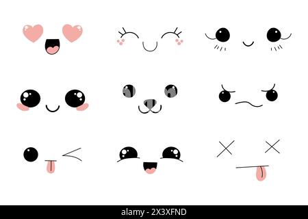 Kawaii Style sieht Manga Anime Emotionen, Comic Ausdrücke, niedliche Augen Sammlung isoliert auf weißem Hintergrund. Doodle Smiley Stimmungsdesign-Elemente, . Vektorabbildung Stock Vektor