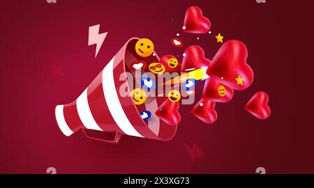 Megaphon mit fliegenden Social-Media-Symbolen. Konzept der Geschäftsankündigung. Vektorillustration Stock Vektor