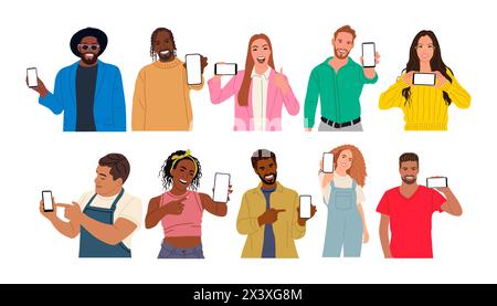 Gruppe von verschiedenen Personen, die den Telefonbildschirm anzeigen. Stock Vektor