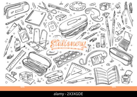 Schreibwaren für Schul- und College-Studenten oder Büroangestellte, die Papierkram erledigen. Briefpapier zum Schreiben von Konspekten und zur Vorbereitung von Berichten, zum Zeichnen von Grafiken oder zum Erstellen von Notizen. Handgezeichnete Kritzelei Stock Vektor