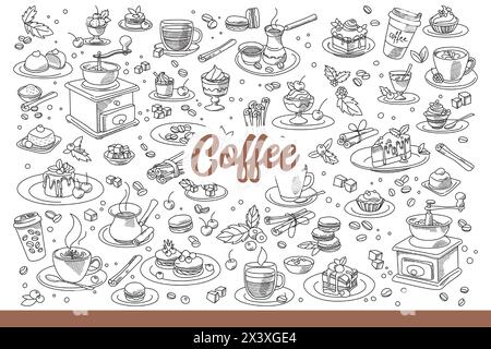 Kaffeezubehör und Bohnen für ein köstliches, belebendes Frühstück. Set mit Kaffeemaschine für Americano oder Cappuccino und Desserts für die Gestaltung von Coffeeshop-Menüs. Handgezeichnete Kritzelei Stock Vektor