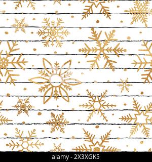 Nahtloses Schneeflocken-Muster. Wiederholte goldene Schneeflocken auf weißem Hintergrund für Design-Winterdrucke. Sich wiederholende Funkelfolie. Niedlicher goldener glitzernder Schnee Stock Vektor