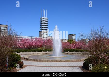 Brunnen vor dem Charles B. Wang Center-Gebäude mit 100 Fuß großer achteckiger Pagode an der Stony Brook University in Stony Brook, New York, in Suffolk Cou Stockfoto